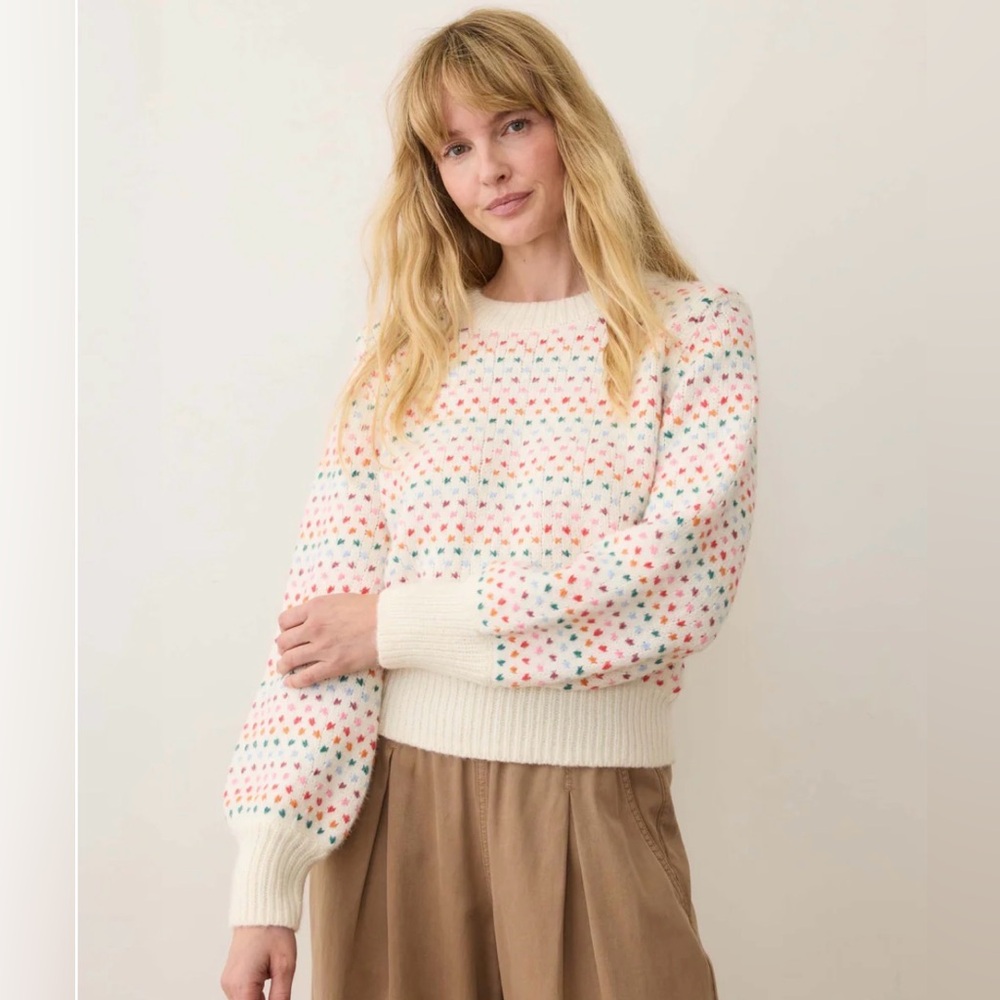 Marine Layer Alma Puff Sleeve Sweater in Cream with Pink and Navy Blue Dots